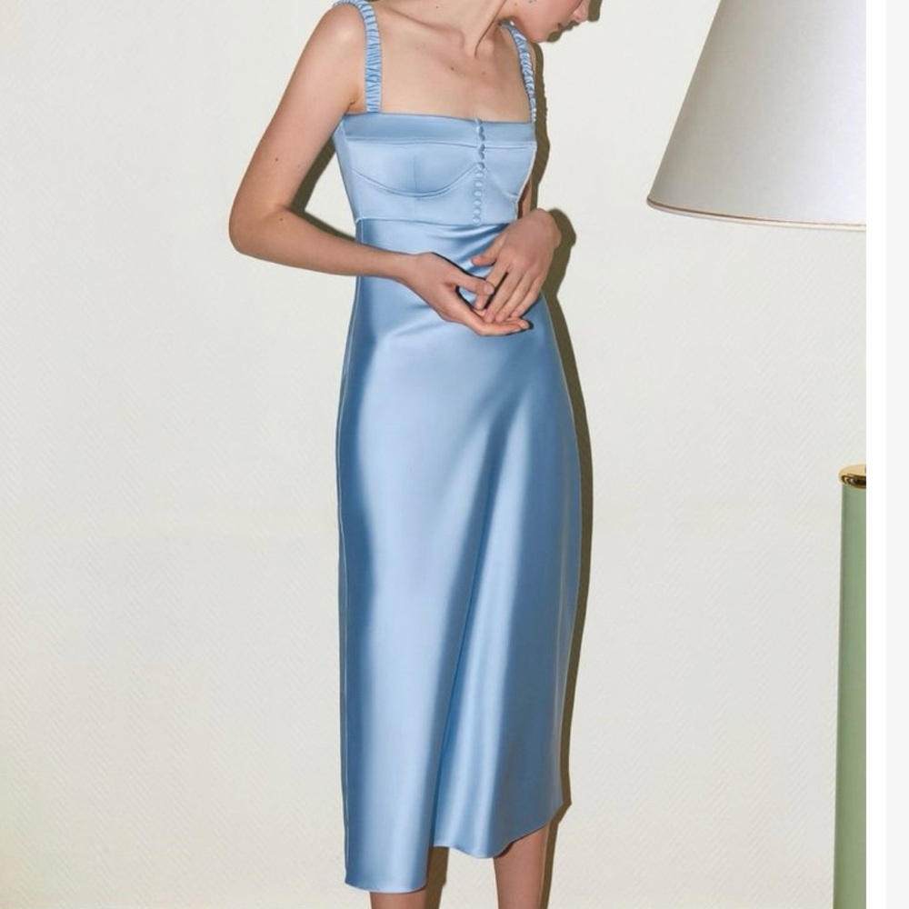 Anna October Blue Satin Midi Dress